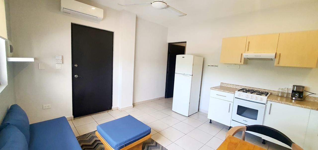 Sala y cocina del departamento en Zazil-Há